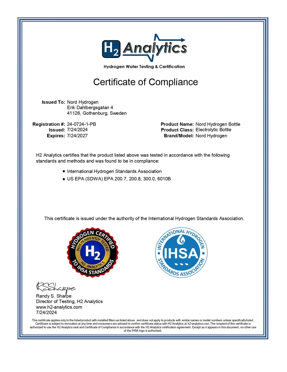 IHSA-overensstemmelsescertifikat for Nord Hydrogen Bottle, registrering 24-0724-1-PB